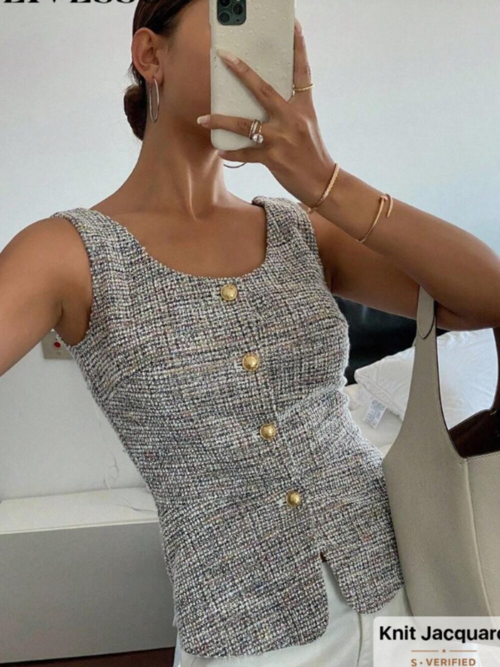 Sleeveless Tweed Button-Front Top with Gold Buttons - Gray